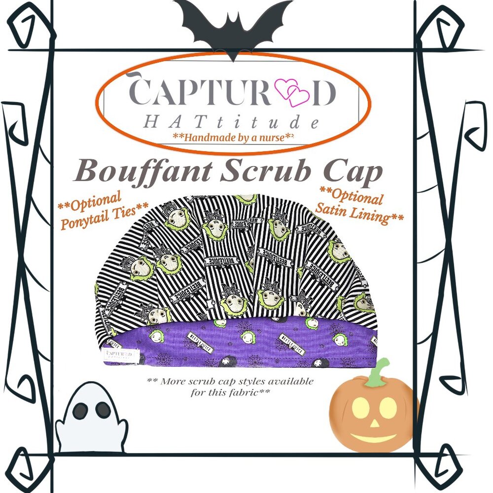 Womens Beetlejuice Movie Inspired Halloween Bouffant Scrub Cap, Handmade NWOT